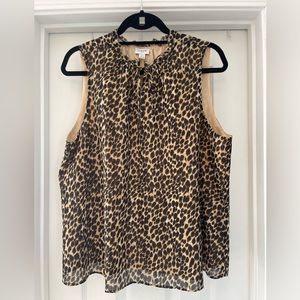 NWT J. Crew sleeveless blouse, leopard print, tie neck, ruffled neck trim, XL